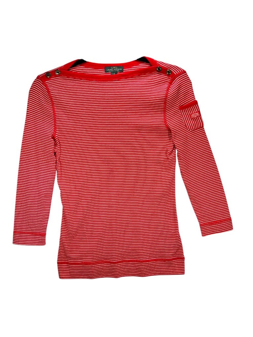 Lauren Jeans Co Ralph Lauren Top Red White Striped S Button Accent Sleeve Patch